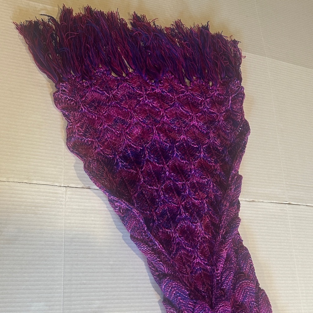 Purple pink and bluish knitted Mermaid Tail Blanket costume with fringe at ends - Picture 6 of 11